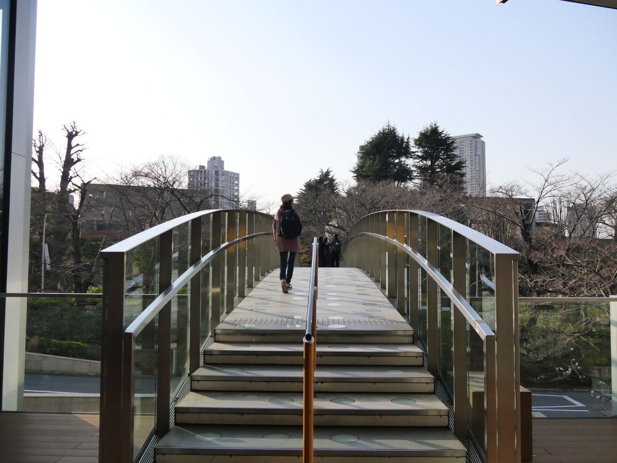 Arched glass and steel footbridge with a person walking across it, Tokyo
