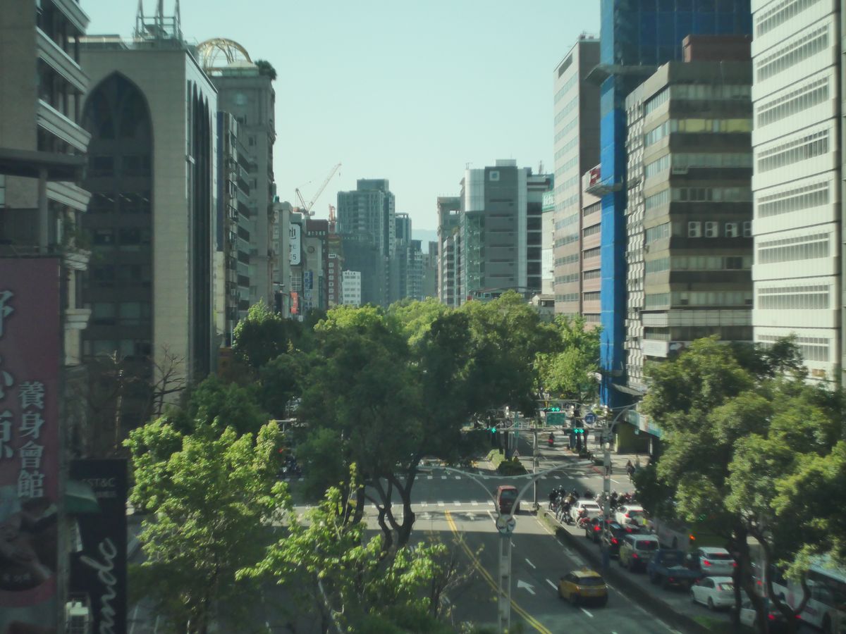 Tree-lined Taipei boulevard seen from above, traffic and scooters below